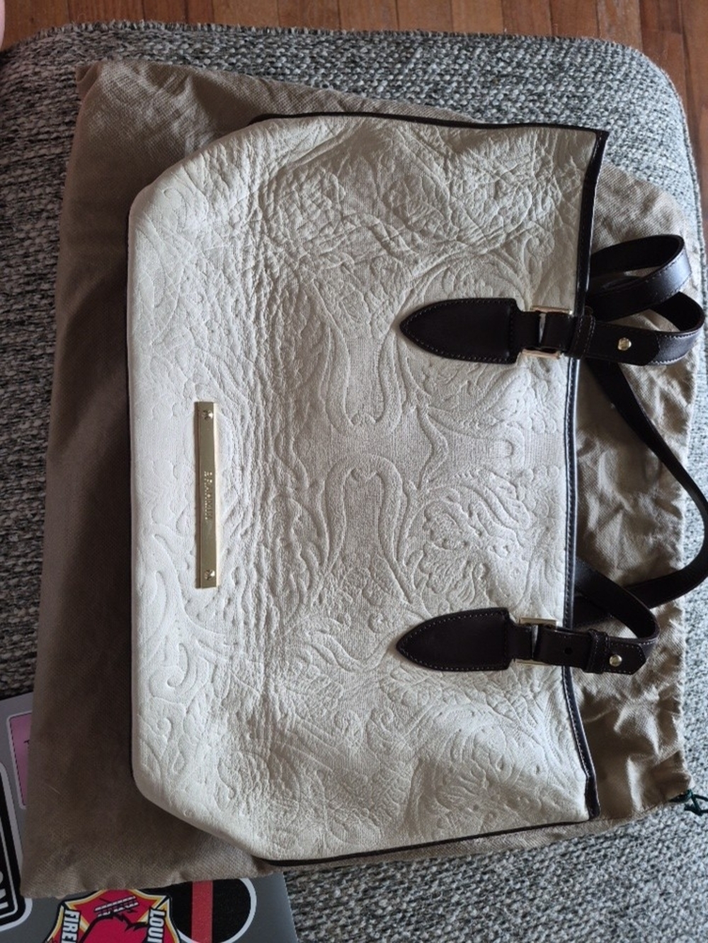 Brahmin White Embossed Tote Bag with Dark Brown Trim - Designer Plate